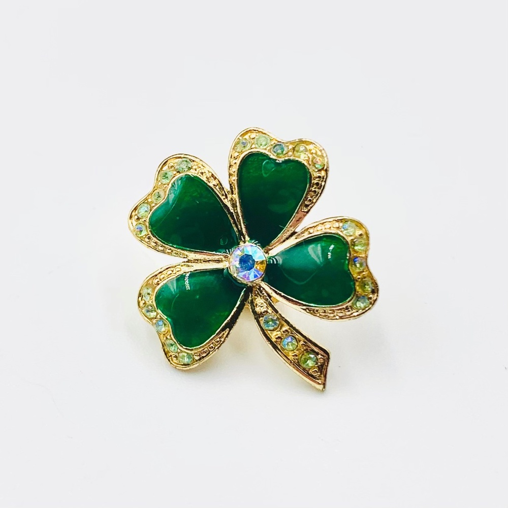 Nancy Rise Avon Shamrock Four Leaf Clover brooch pin green rhinestone gold-tone